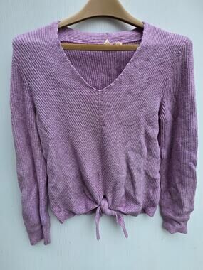 MOTH by Anthropologie Purple Ribbed V-Neck Tie-Front Sweater Size S Boho Chic